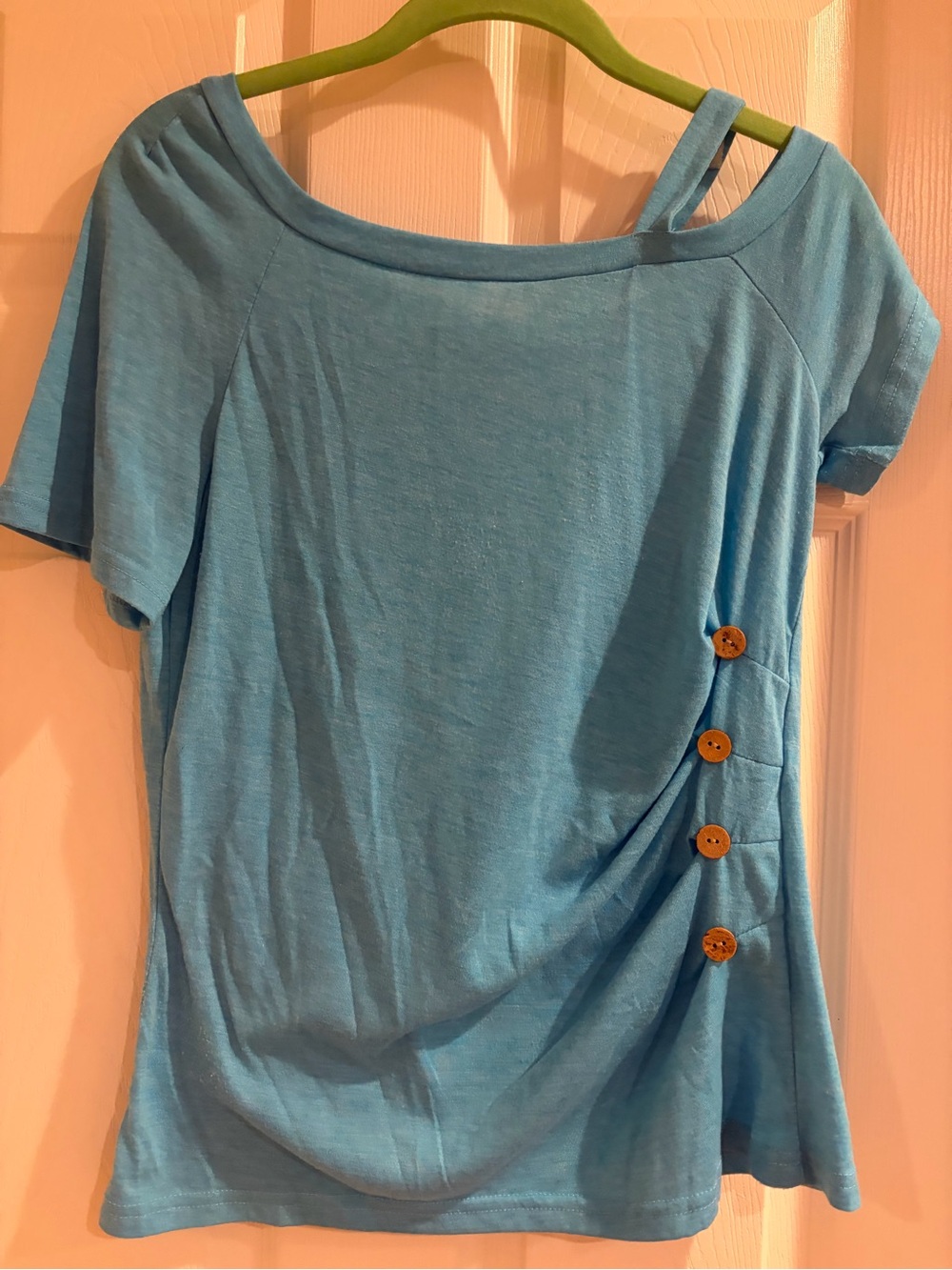 Blue Women's Button-Accent Off Shoulder Top-Medium-Shein